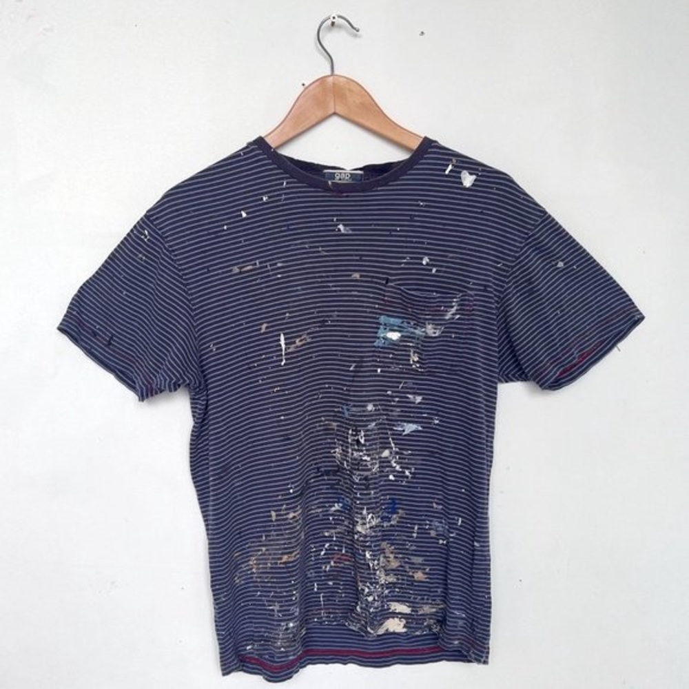 Vintage Distressed Paint Splattered Gap Blue Striped Mens Medium Pocket T-shirt